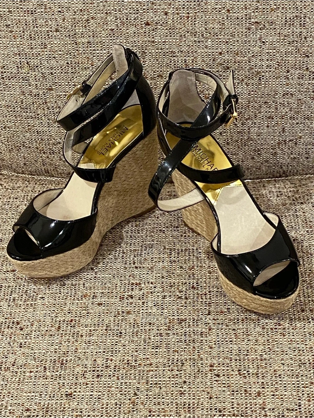 Michael Kors Black Patent Espadrille Platform Wedge Sandals